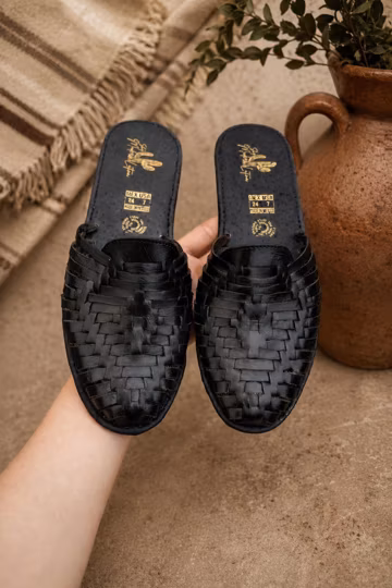 Black Leather Huarache Mules, Mexican Woven Leather Sandals for Women, Handmade Artisan Shoes, Slip On Sandals, Boho Sandals, Gift for Her