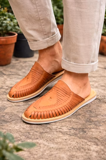 Men's Leather Huarache Mules, Mexican Artisan Slip On Sandals, Boho Shoes for Men, Gift for Him