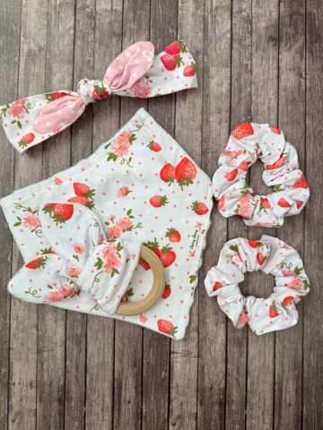 Handmade Strawberry Baby Gift Set, Bandana Bib, Teething Ring, Headband