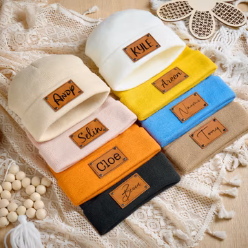 Personalized Baby Beanie with Name Leather Patch, Baby Shower Gift, Christmas Gift,Adult Beanie Winter Hat with Name,Personalized Kids Hat