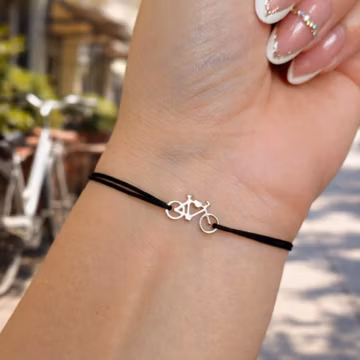 Minimalist Bicycle Bracelet, Platinum Plated Bike Charm Bracelet with Adjustable Kabbalah String, Bike Rider Gift
