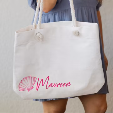Personalized Large Tote with Rope Handle, Beach Trip, Oversized Coastal Seashell Bag, Custom Gift for Bridal Party, Destination Bachelorette