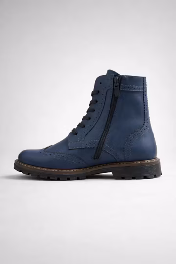 Navy Blue Leather Ankle Brogue Boots – Handmade Classic Brogue Style