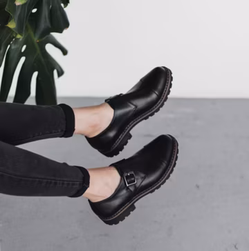 Women black leather monk shoes, oxford women shoes, black tie shoes