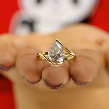 Half Bezel Setting 11x8 MM Pear Cut Colorless Moissanite Single Diamond Ring, 18k Yellow Gold Bypass Style Ring, Hidden Halo Engagement Ring