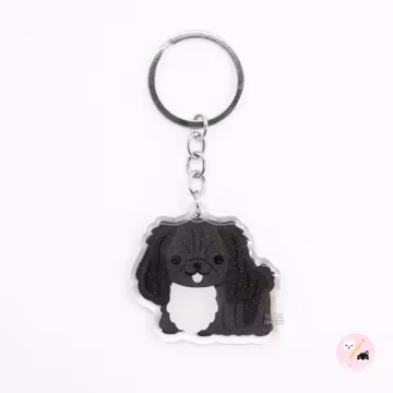 Black Pekingese Acrylic Dog Breed Keychain | Cartoon Kawaii Art Puppy Glitter Charm | Chibi Cute Animal Lover Pet Loss Memorial Gift