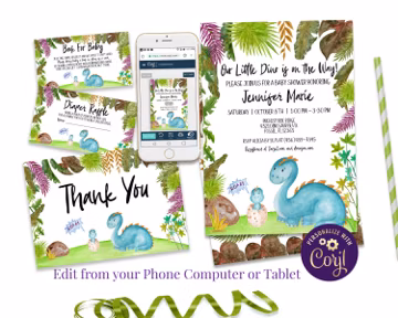 Dinosaur Baby Shower Invitation Bundle, Dinosaur Invitation Set, ID163