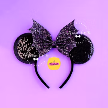 Black Purple Bat Wing Bow Goth Mouse Ears | Halloween Gothic Glitter Headband | Spooky Theme Park Accessory | Costume for Women & Girls
