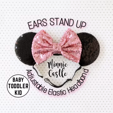 Minnie ears, Baby toddlers Mickey ears, Mouse ears with adjustable elastic headband, Pink and black sequin ears, Stretch band Mickey ears