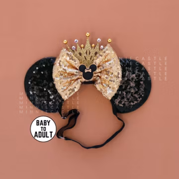 Mickey Ears with Crown, Minnie Ears Elastic Headband, Champagne Gold Mouse Ear for All Ages, Black &Gold Minnie Ear with Comfortable Band