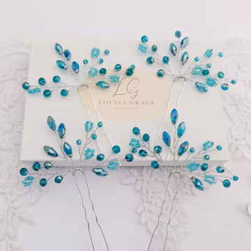 Bridal Hair Pins Blue Floral Spray Crystal Set Of Four Something Blue Aurora Borealis Babys Breath Floral Wedding Floral Bride Bridesmaid
