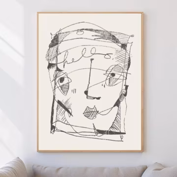 Hello Abstract Face Line Art Wall Poster Print, Modern Decor Artwork Accent Gift for Office Dorm Home, Unique Handdrawn Famous Portrait