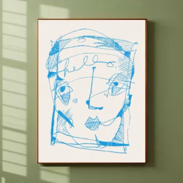 Hello Abstract Face Blue Line Art Wall Poster Print, Modern Decor Artwork Accent Gift for Home, Unique Handdrawn Illustration Portrait