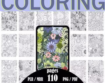110 Coloring Pages of Flowers for Adults, Stress Relief, Printable, MRR, Resell Rights, PNG