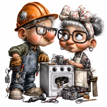 15 PNG Funny Senior Couple Repairing Stove, Mechanic Clipart