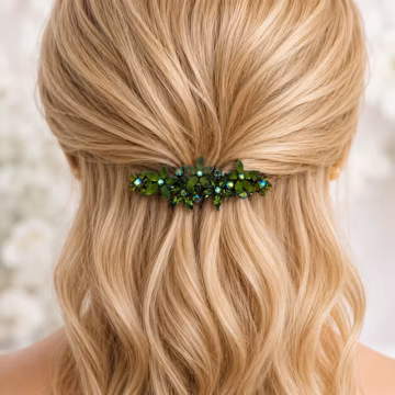 Olive Green Crystal Barrette, Vintage Floral Hair Clip for Women, Medium Thick Hair, Elegant Everyday Hair Accessory