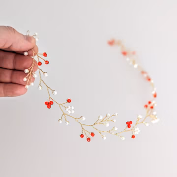 Red Crystal Bridal Hair Vine: Pearl Wedding Headband
