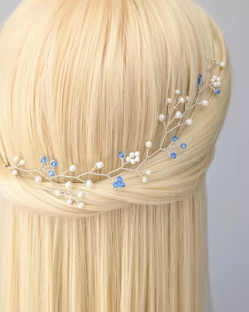 Blue Crystal Wedding Hair Vine, Pearl Bridal Headpiece, Delicate Headband Bride