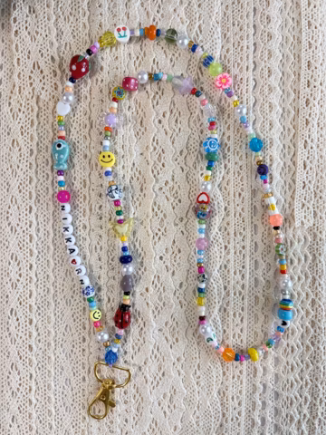 Customizable Badge Holder with a mixture of glass, natural stone, and rondel quartz beads: Teacher Badge, Nurse Badge, Beaded Lanyard