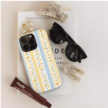Floral iPhone Case, Cottagecore Daisy Phone Cover, Yellow Blue Stripe Pattern