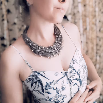 Linen Cord White Seed Pearl Necklace: Glass Beaded Statement Jewelry, Organic Fiber Collar