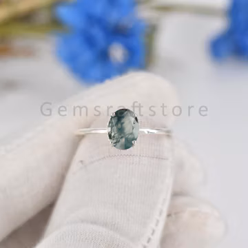 Natural Moss Agate Gemstone Ring - 925 Solid Sterling Silver Ring - Dainty Ring - 6x8mm Moss Agate Ring - Prong Ring - Moss Agate Jewelry