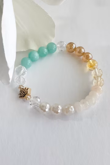 Sun Salutation Bracelet โ Amazonite, Citrine & White Agate Lotus Gemstone Bracelet