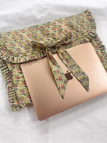 Hand Block Printed Laptop Sleeve: Green Floral Quilted Cotton Case with Bow