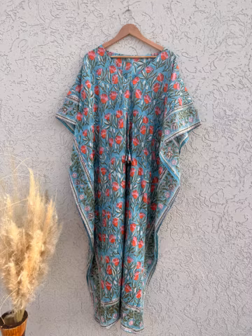 Hand Block Printed Cotton Kaftan – Blue Floral Boho Dress