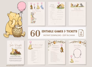Classic Winnie the Pooh Baby Shower Games Bundle, Editable Pink Baby Girl Pooh Bear Game Pack Vintage Winnie Friends Card Template DLPB166