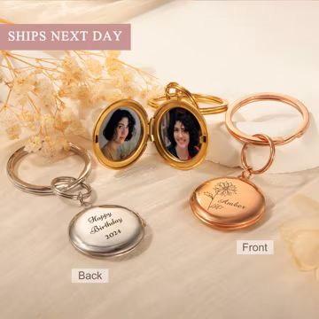 Birthday Gift Ideas for Her - Personalized Birth Flower Keychain with Photos - 2 Pictures Keychain- Custom Engraved Flower Locket Keychain