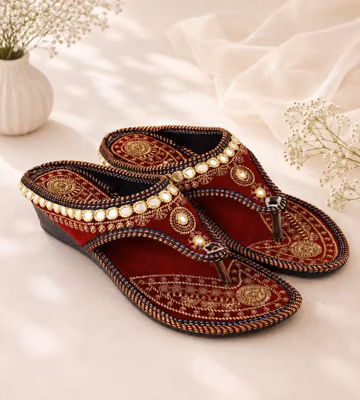 Elegant Maroon Embroidered Wedge Sandals for Women | Stylish Ethnic & Party Wear Footwear