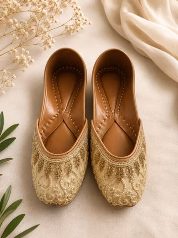 Golden Hand Embroidered Leather Sandals for Women | Traditional Ethnic Flat Shoes For Gift