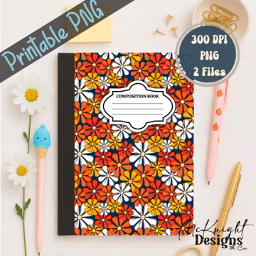 Retro Floral Notebook Cover Printable PNG | Orange Yellow Daisy Composition Book Design Back to School Sticker Front Back File Kidcore Vinyl