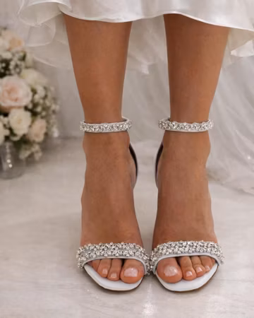 Jeweled Block Heel Wedding Sandals, White Leather Bridal Shoes