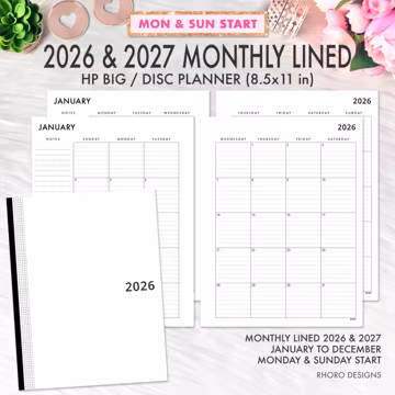 BIG HAPPY PLANNER 2026 2027 Printable Insert, Monthly Lined Calendar, Happy Planner Big Monthly Lines Dated Calendar Letter Binder Hp Big