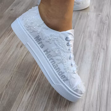 Personalized Bridal Sneakers, Lace Flower Detail, Low Top Wedding Shoes