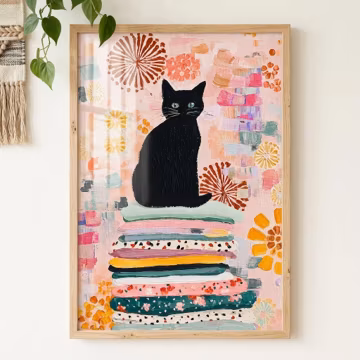 Black Cat Art, Whimsical Nursery Decor, Cat Lover Gift, Floral Cat Wall Art, Cozy Reading Nook Decor, Feminine Boho Art | Digital Download
