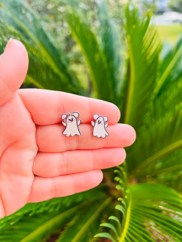 2025 Cutie Ghost Mouse Earrings: Disney Halloween, Handmade Acrylic Nickel Free Studs Hypoallergenic