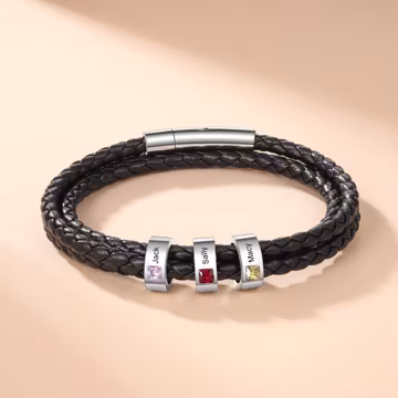 Mens Birthstone Bracelet Personalized with Kids Names, Black Braided Leather with Engraved Charm Beads, Custom Gift for Dad or Husband