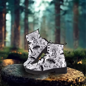 Woman's Black white Mushrooms Custom Leather Boots, Birthday Gifts for idea Casual Shoes