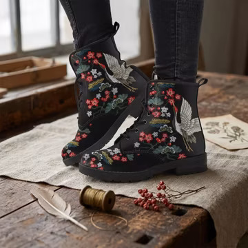 Floral Crane Vegan Leather Combat Boots: Handmade Colorful Shoes