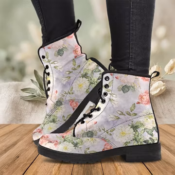 Floral Vegan Leather Combat Boots: Lace-Up Casual Shoes