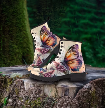 Watercolor butterfly Floral Vegan Custom Leather Boots, wilderkind Animal Lover Gifts for Her Casual Shoes
