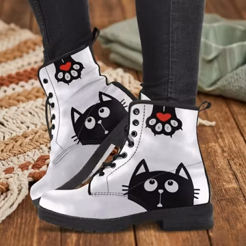 Cat Print Vegan Leather Combat Boots: Bohemian Ankle Boots