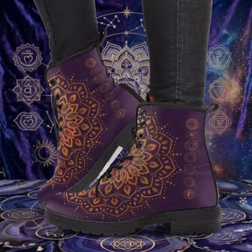 Purple Chakra Vegan Leather Combat Boots: Bohemian Fashion