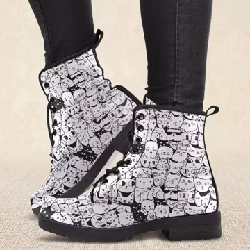 Cartoon Cat Print Vegan Leather Combat Boots - Lace Up Women's Boots