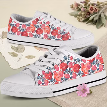 Floral Mallow Low Top Sneakers: Red Pink Flowers, Custom Casual Shoes