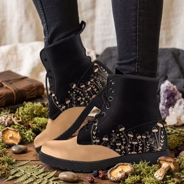 Mushroom Garden Vegan Leather Combat Boots: Boho Hippie Witch Style