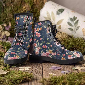 Floral Vegan Leather Combat Boots: Botanical Platform Lace-Up Women's Shoes